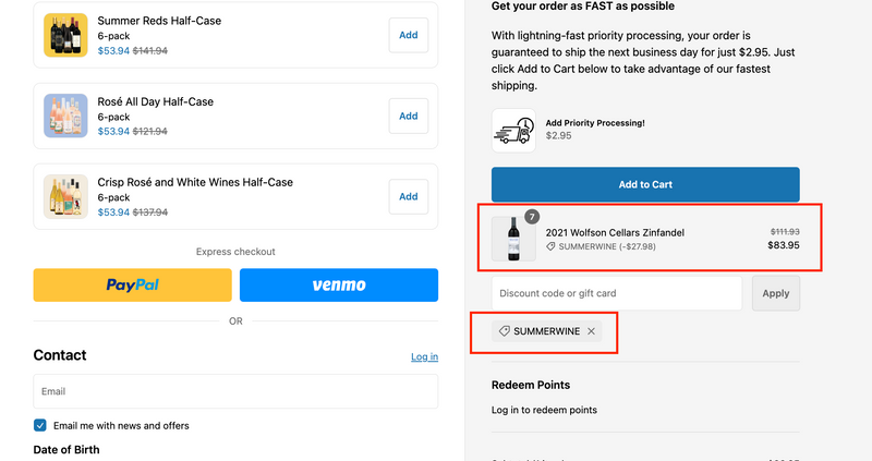 Applied discount codes will show savings under products