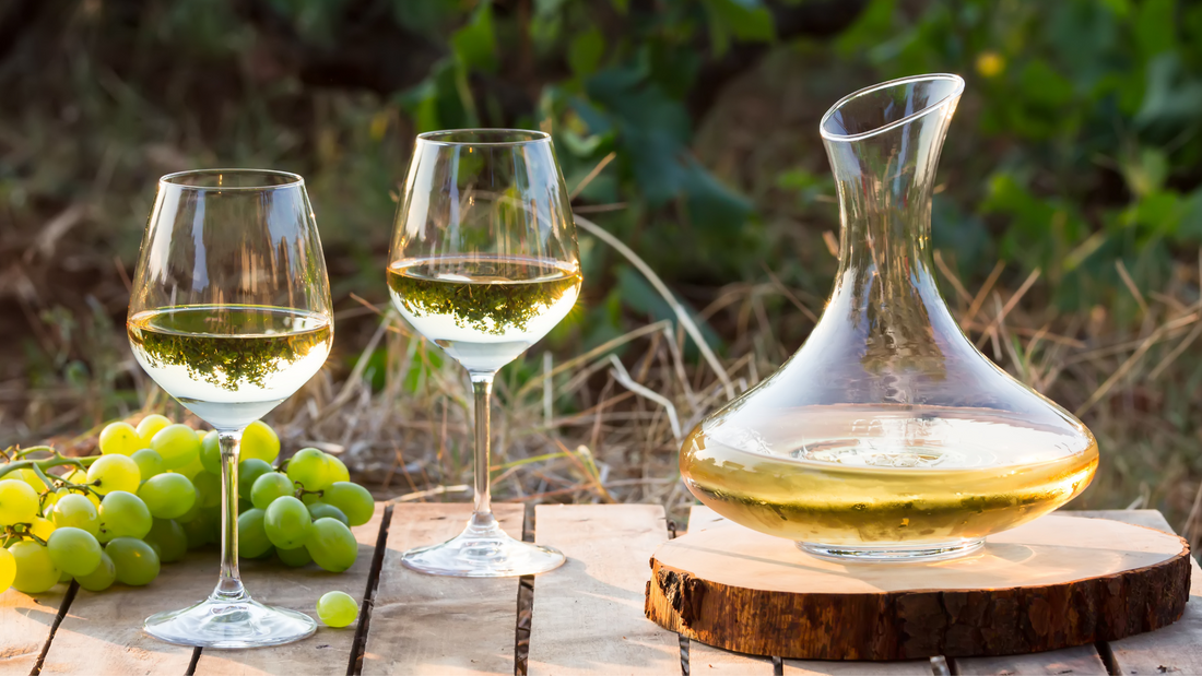 Glasses of Riesling and decanter.