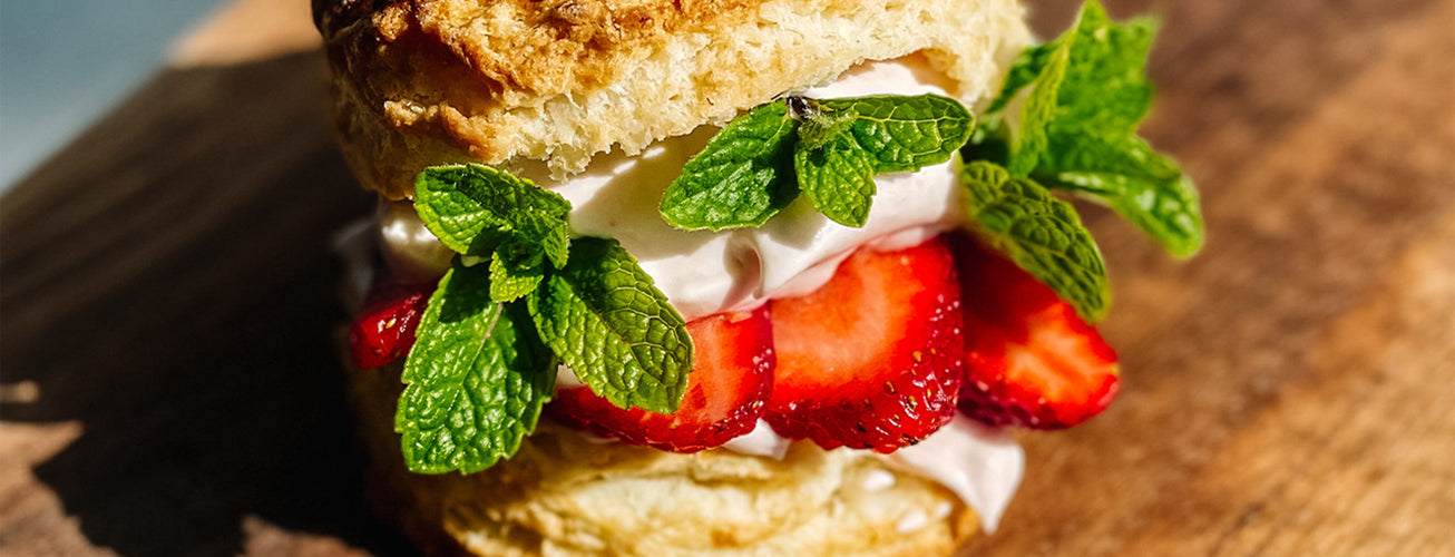 Black Pepper Biscuits with Macerated Strawberries and Vanilla Creme Fraiche