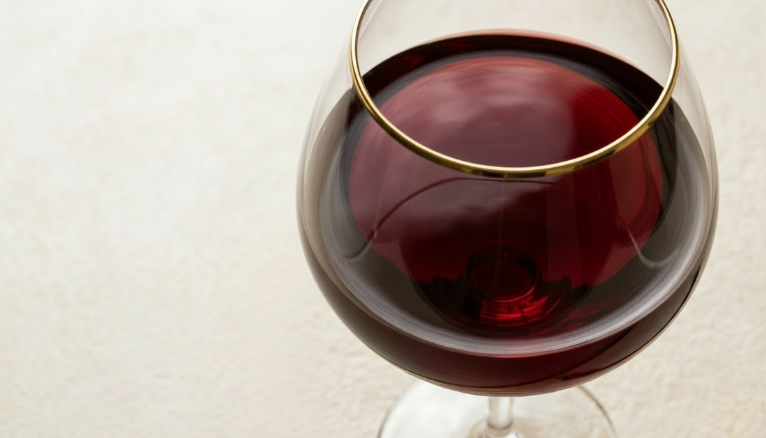 Close-up of a glass of deep red wine with a gold rim