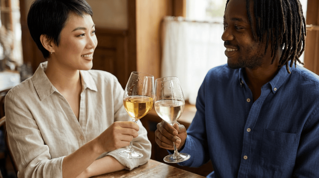 Two people smiling and raising glasses of white wine at a table.