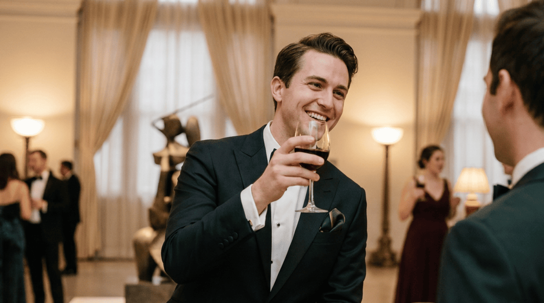 Man in a tuxedo raising a glass of red wine at a formal event