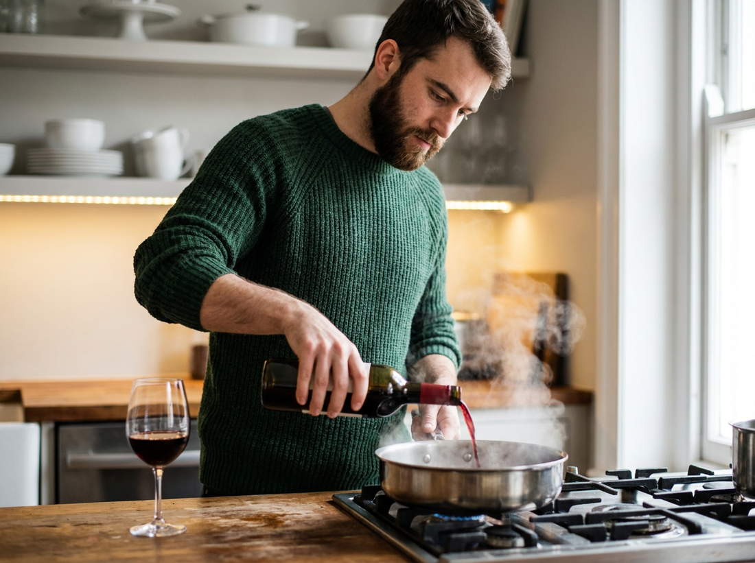 person-pouring-red-wine-in-warm-kitchen