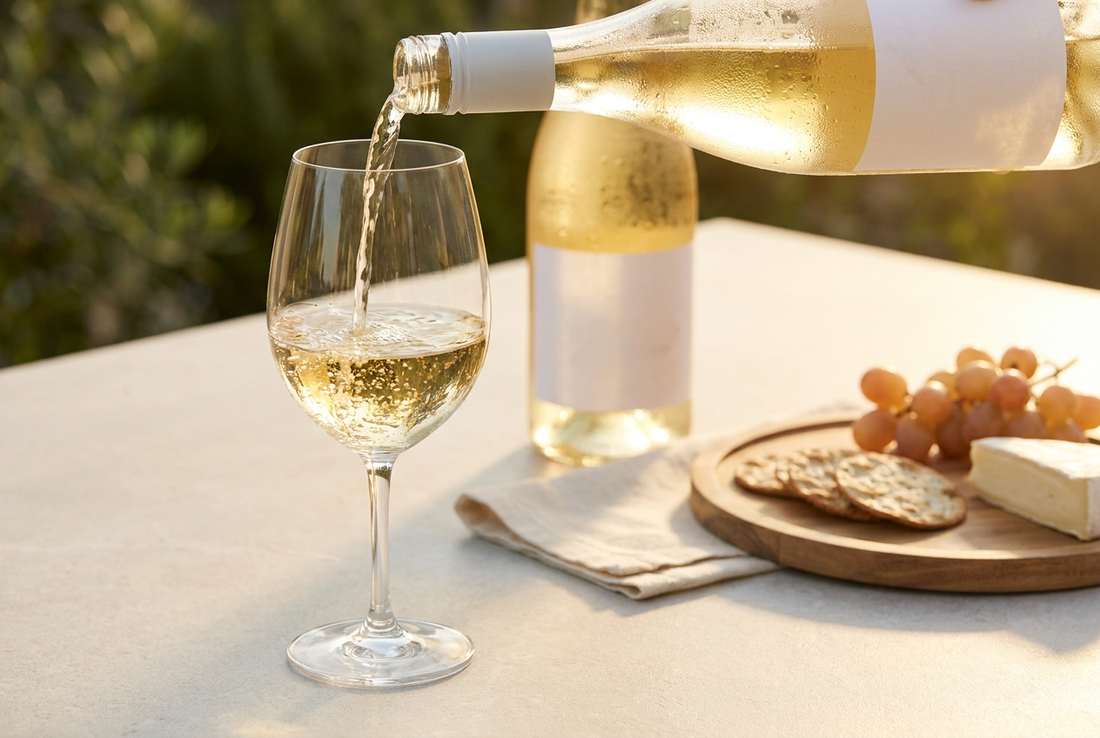 a white wine being poured in a glass