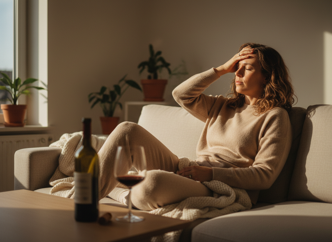 woman-on-couch-wine-glass-headache-aftermath